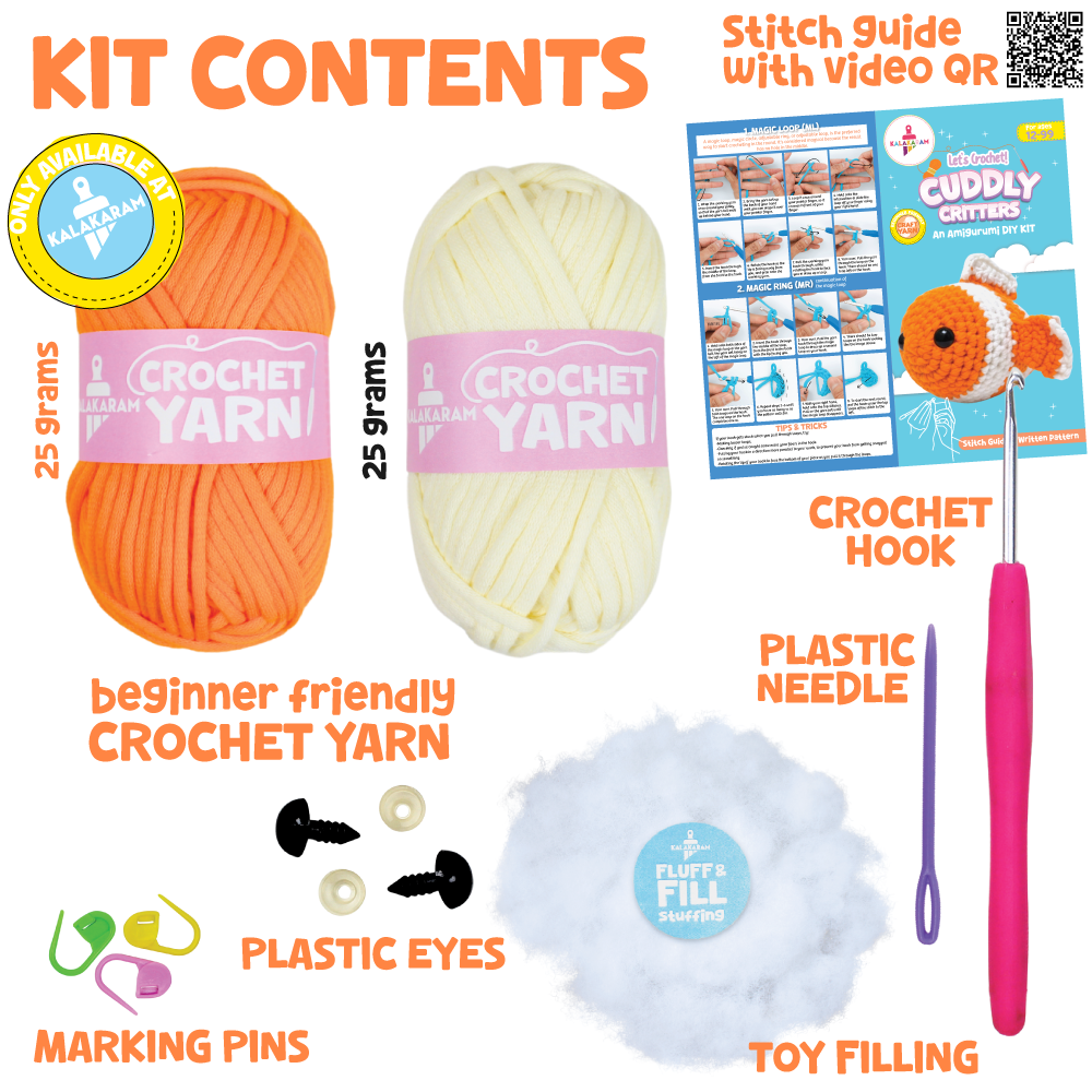 Crochet Kit for Beginners | Cuddly Critters Amigurumi Kit | Make Crochet Clownfish Toy | Age: 12+ Years
