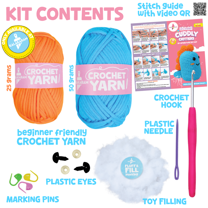 Crochet Kit for Beginners | Cuddly Critters Amigurumi Kit | Make Crochet Dino Toy | Age: 12+ Years