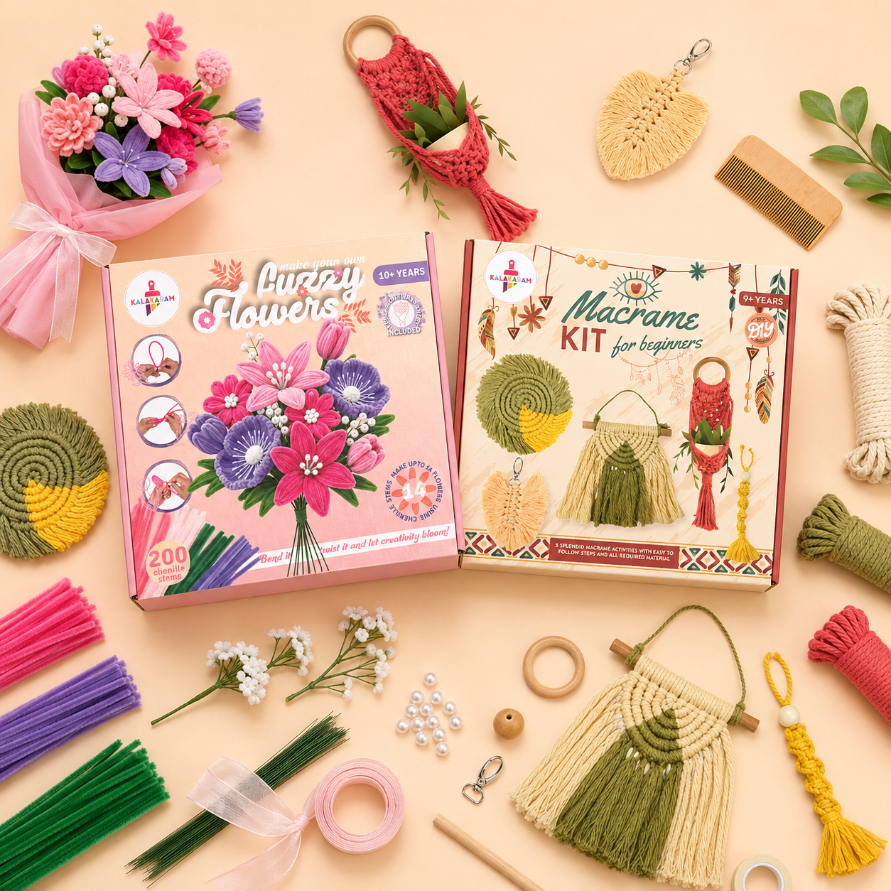 Kalakaram Handmade Décor Craft Combo – Macrame Kit & DIY Fuzzy Flower Bouquet Kit