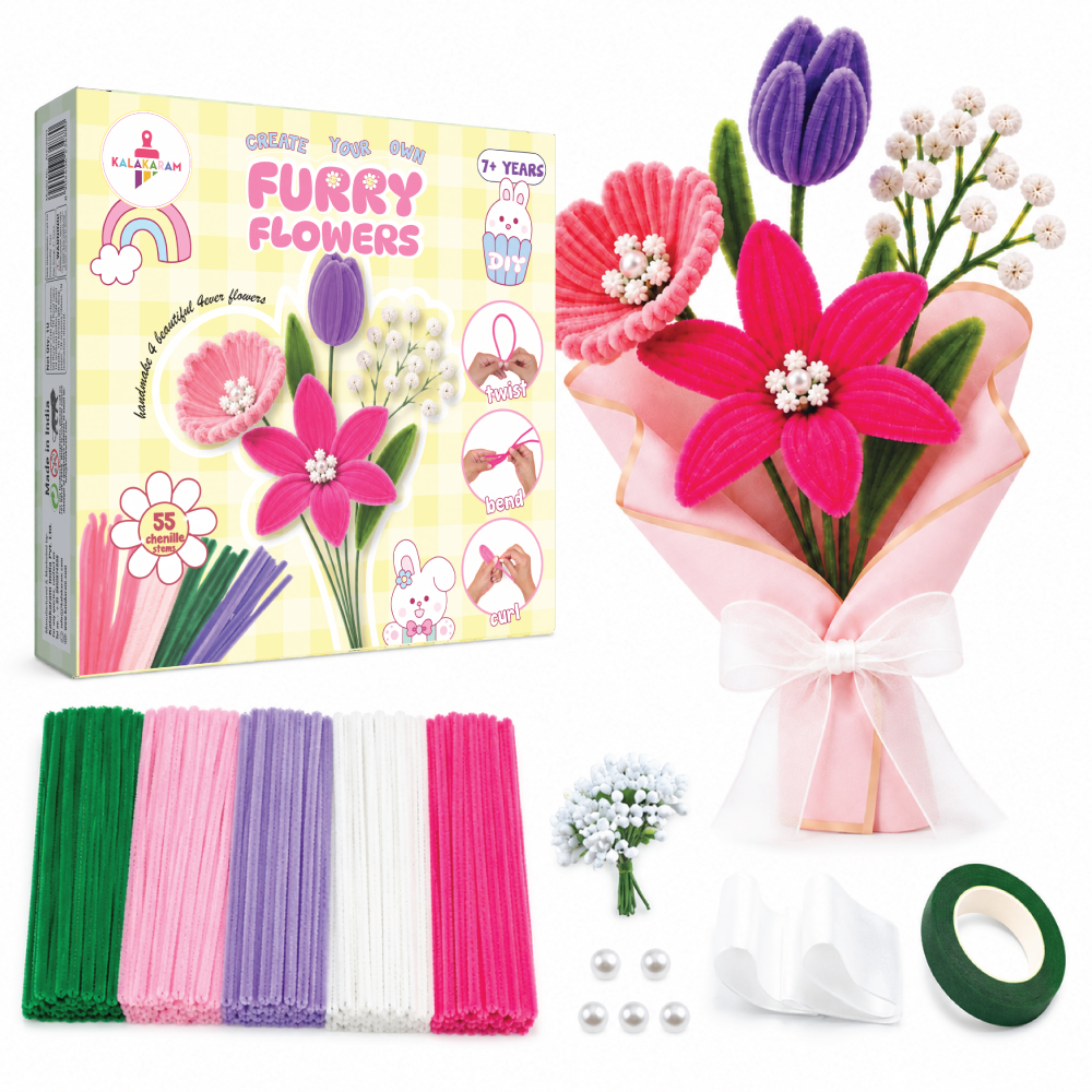 Furry Flower Kit | Pipe Cleaner for Craft Flower Set | Mess-Free Activity | Ages 7+ Years