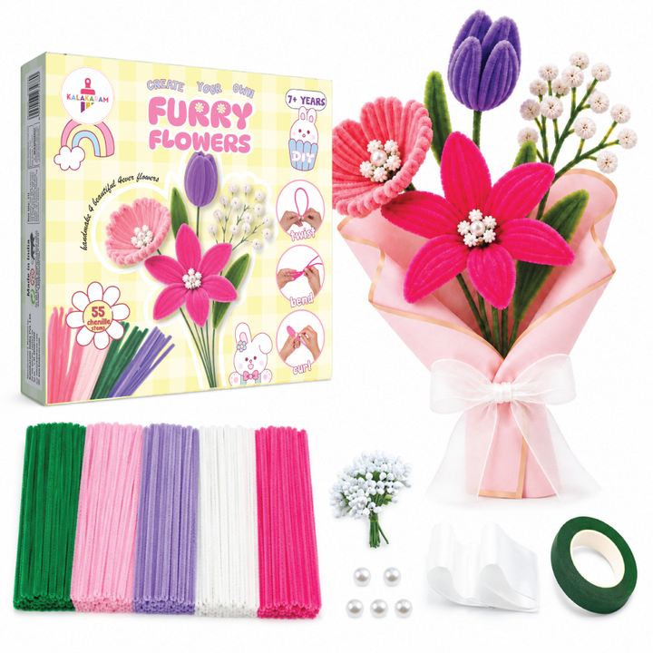 Furry Flower Kit | Pipe Cleaner for Craft Flower Set | Mess-Free Activity | Ages 7+ Years