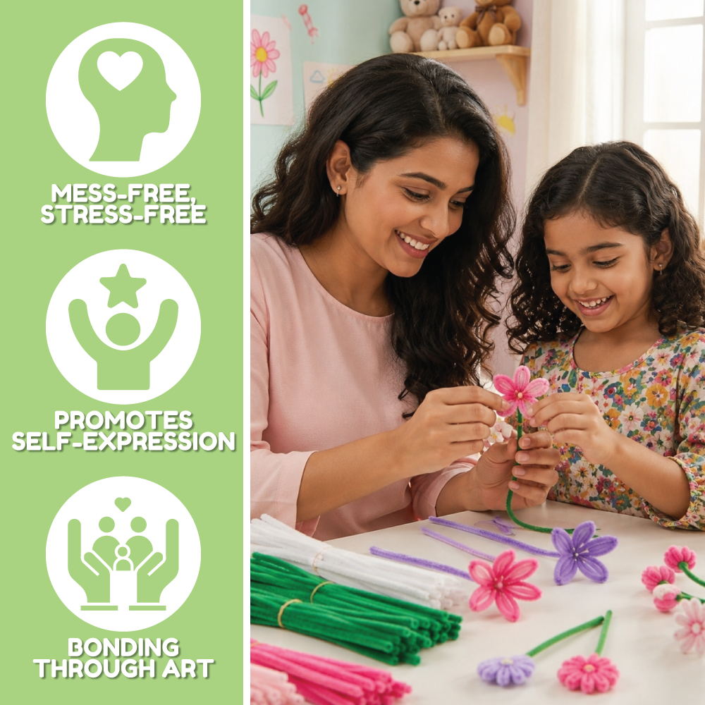 Furry Flower Kit | Pipe Cleaner for Craft Flower Set | Mess-Free Activity | Ages 7+ Years