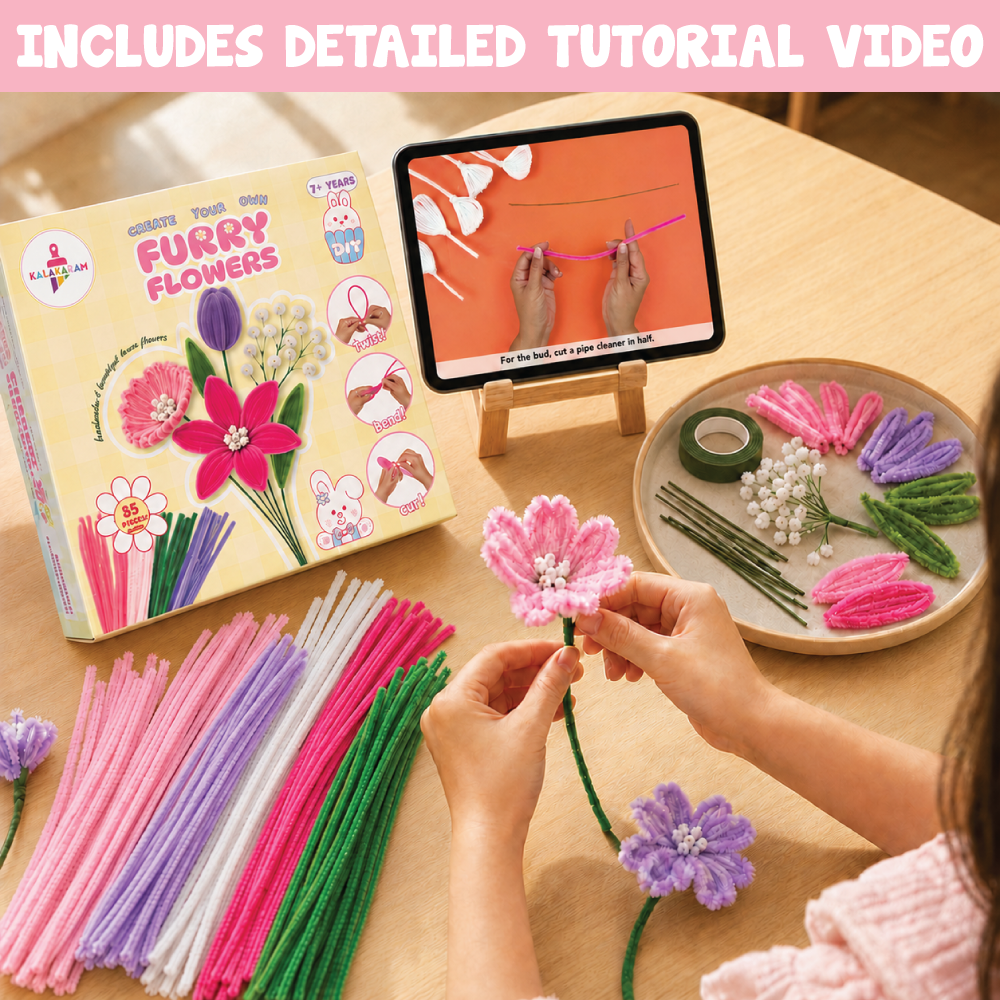Furry Flower Kit | Pipe Cleaner for Craft Flower Set | Mess-Free Activity | Ages 7+ Years