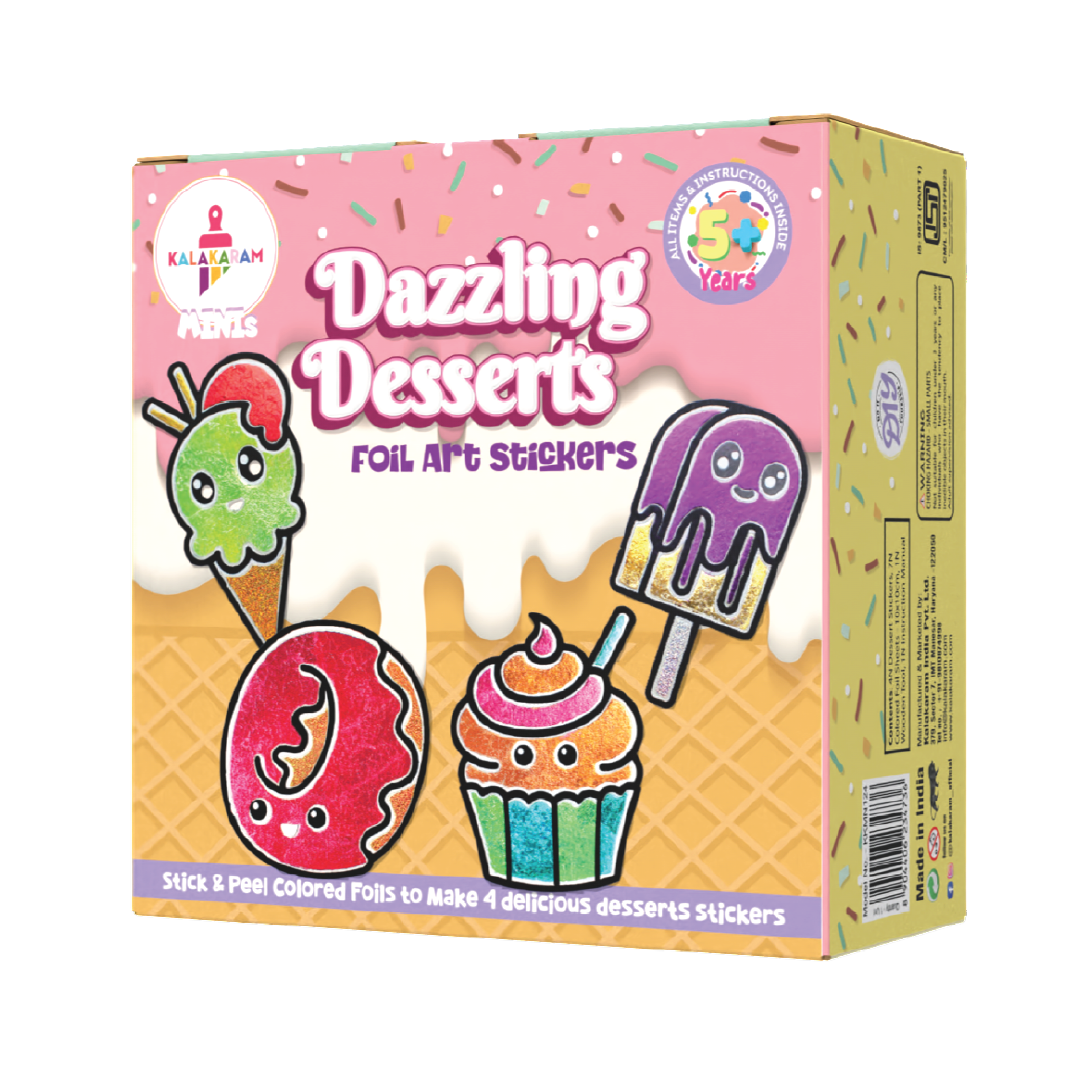 Box of Dazzling Desserts foil art stickers with colorful illustrations on a white background