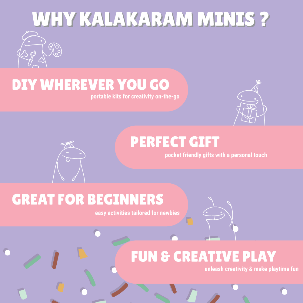 Promotional graphic for Kalakaram Minis with text and illustrations on a purple background