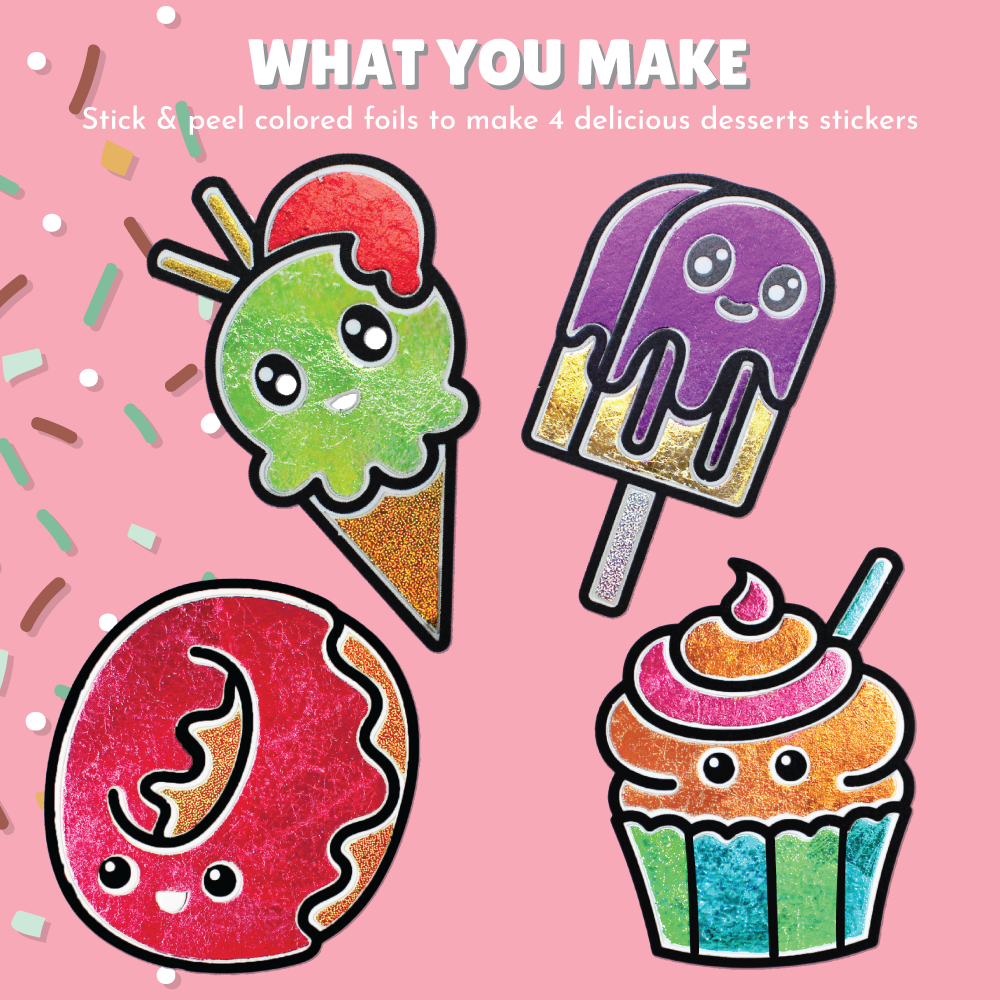This image shows the final product that will be made from the box. Sticker set with ice cream, donut, and cupcake designs on a pink background
