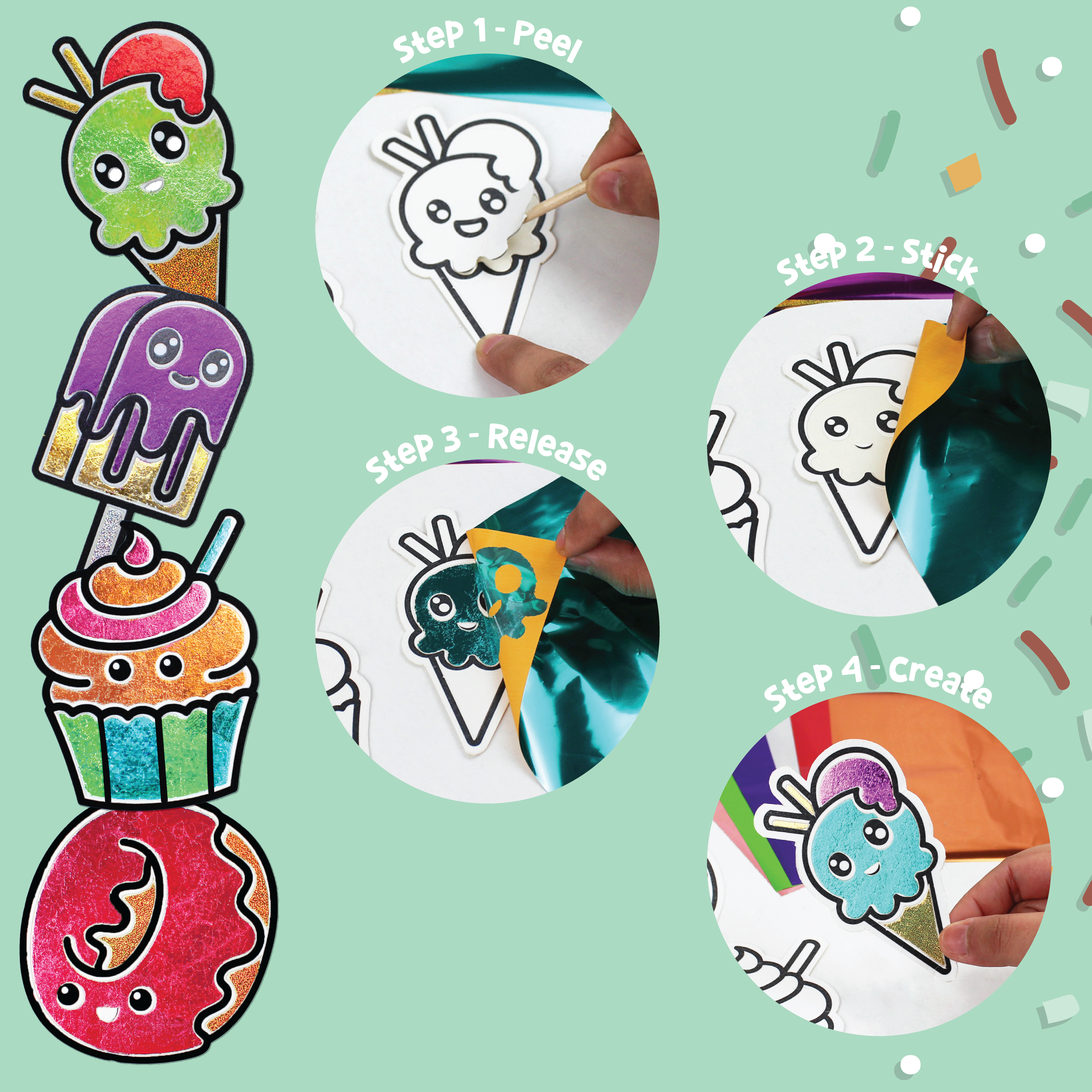 Colorful cartoon-style ice cream and cupcake stickers with step-by-step application instructions on a light green background.