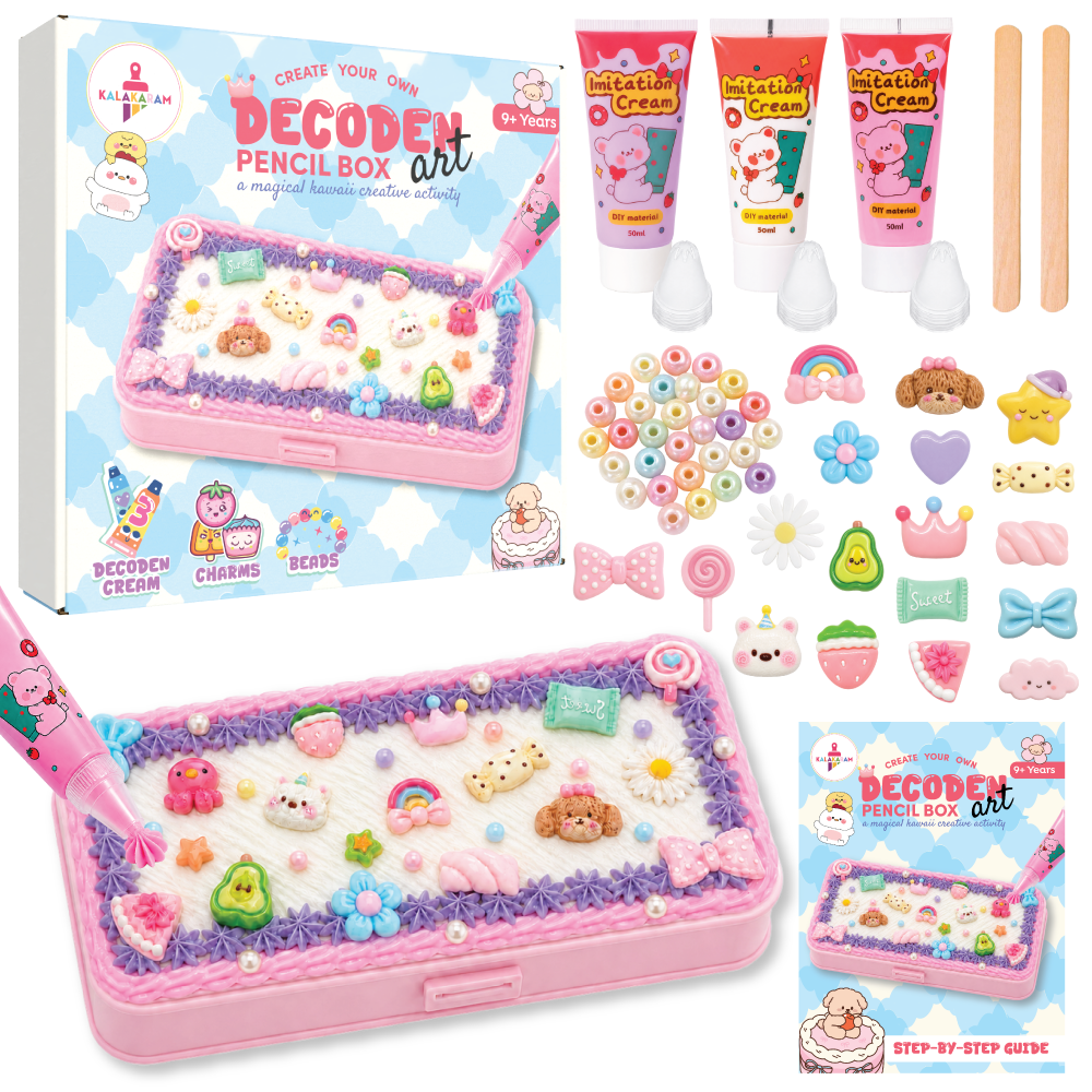 Kalakaram Kawaii Pencil Box Decorating Kit – Decoden Cream Art Craft Set for Ages 9+