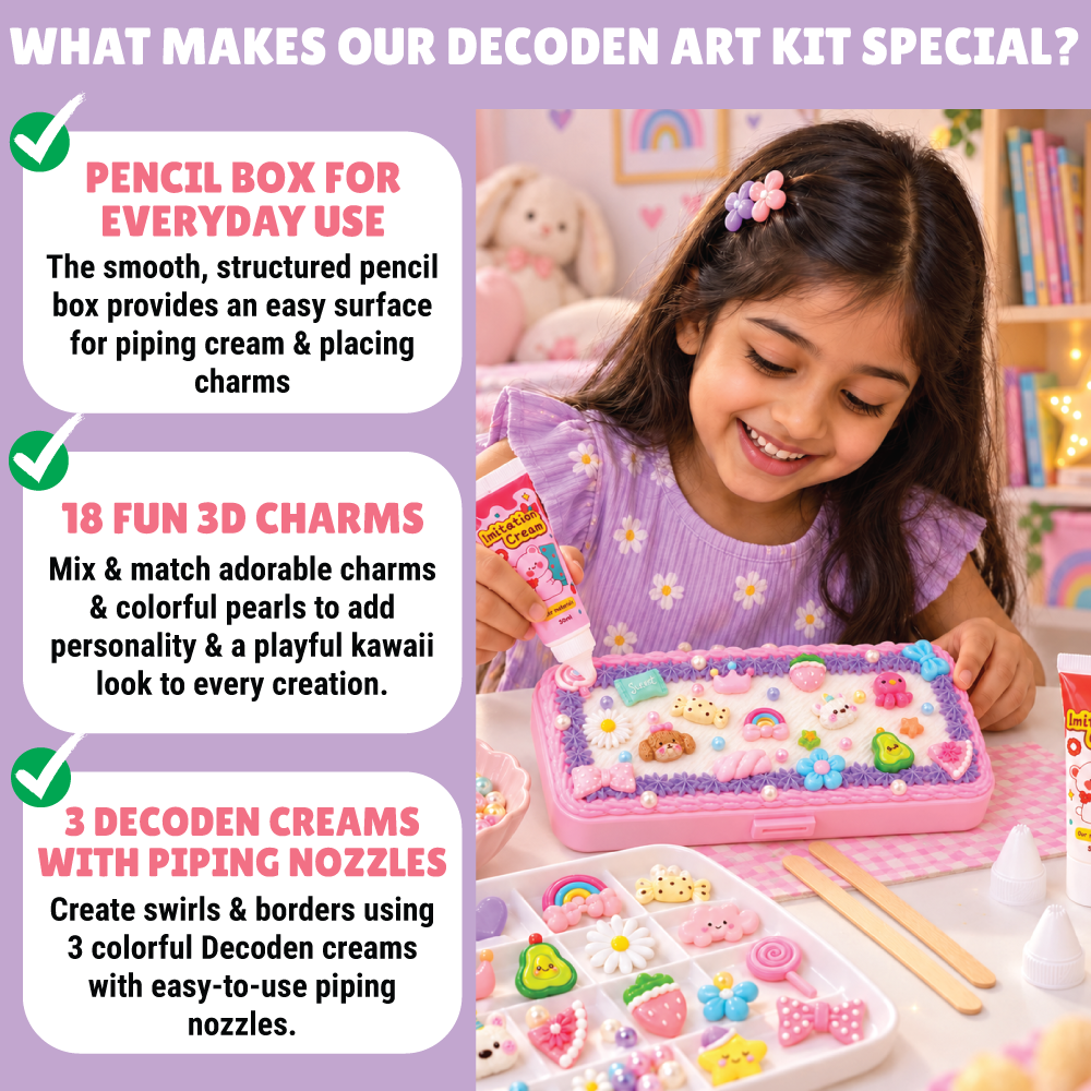 Kalakaram Kawaii Pencil Box Decorating Kit – Decoden Cream Art Craft Set for Ages 9+