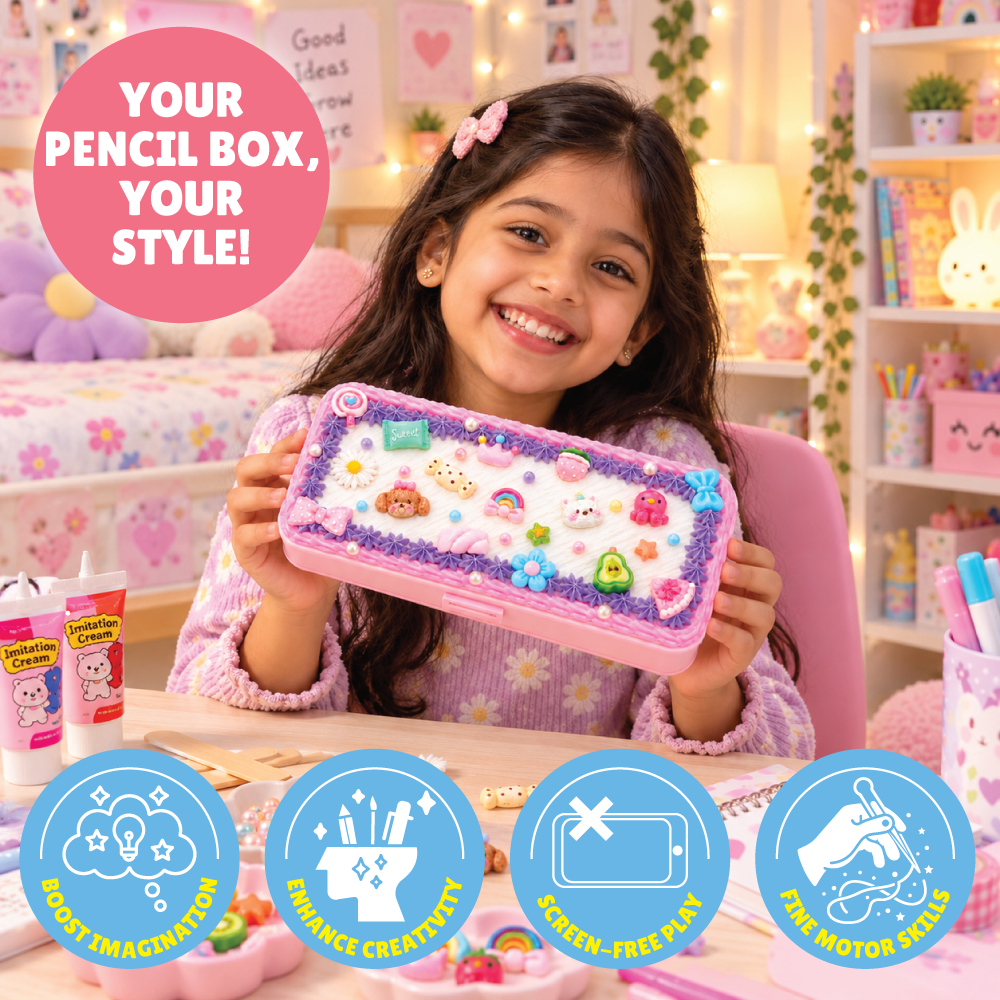 Kalakaram Kawaii Pencil Box Decorating Kit – Decoden Cream Art Craft Set for Ages 9+