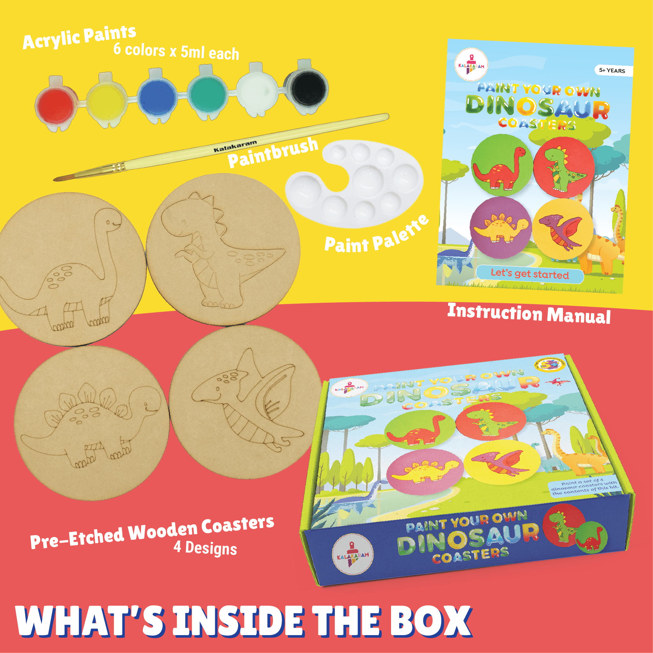 The Action Packed Combo - Superhero Craft Box + Dinosaur Coaster Painting Kits - Kalakaram
