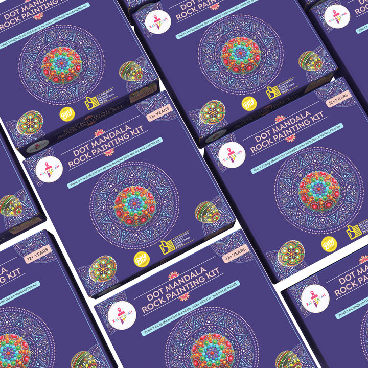A pack of 5 of Dot Mandala Rock Painting Kits, each with a purple background featuring a mandala design and product information.