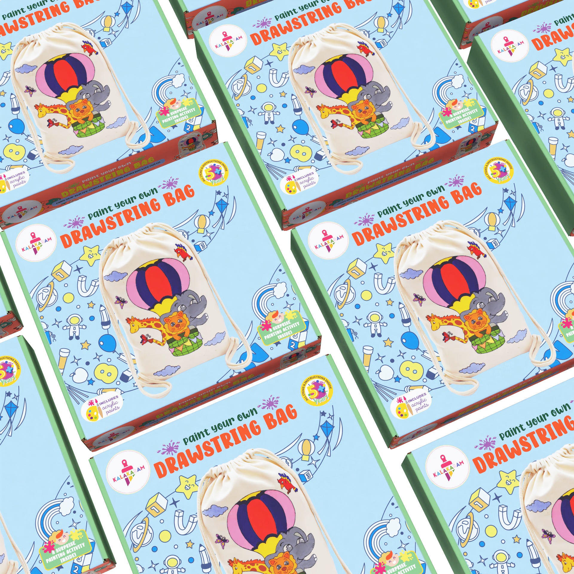pack of 5 drawstring bag painting kits with colorful animal-themed designs displayed on the covers.