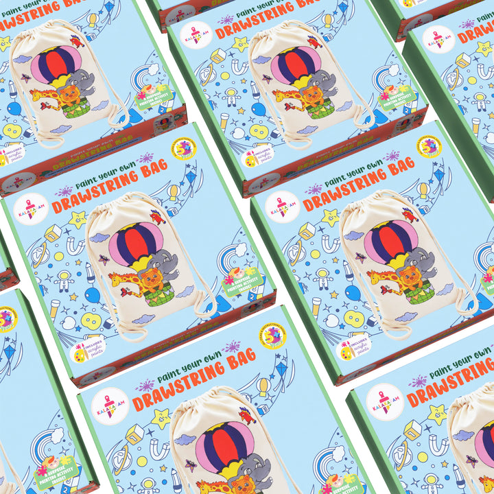 pack of 5 drawstring bag painting kits with colorful animal-themed designs displayed on the covers.