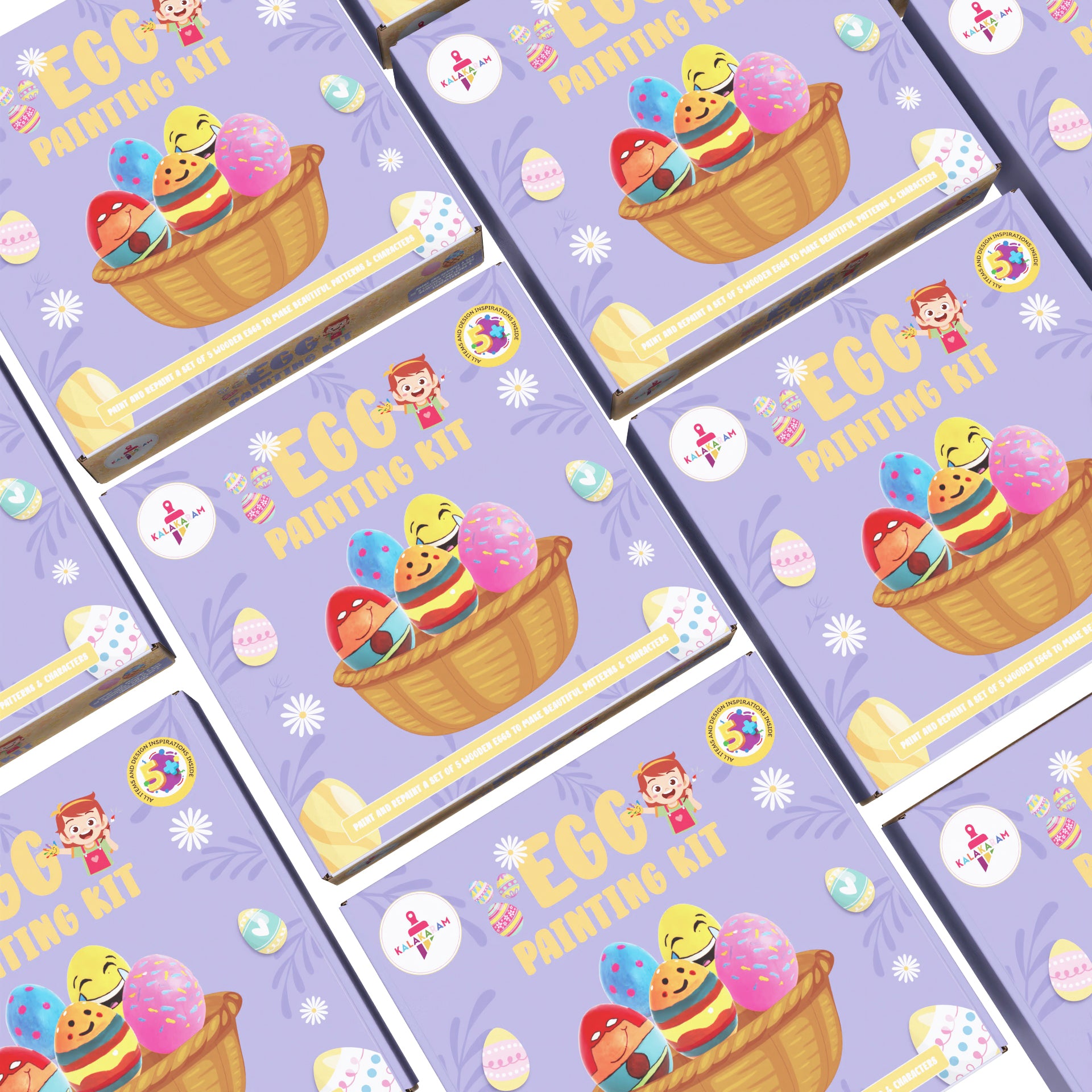 A pack of 5 of wooden egg painting kits with colorful illustrations, including eggs and spring-themed motifs, repeated across a fabric.