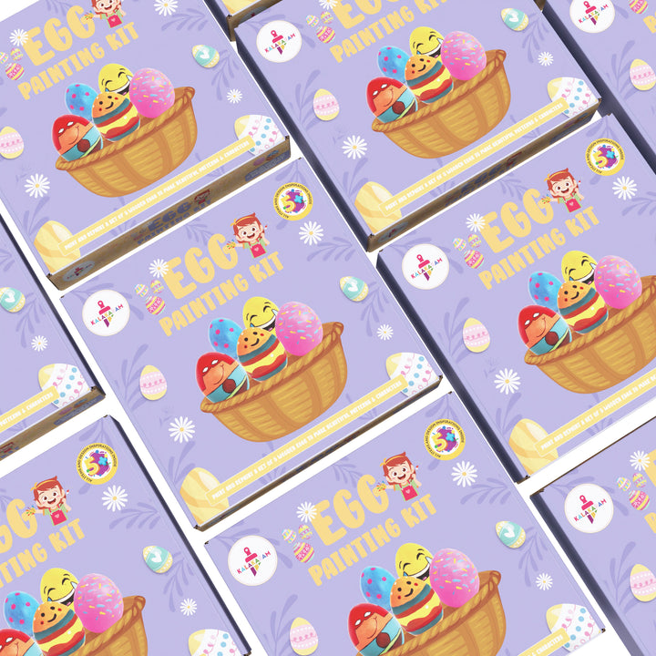 A pack of 5 of wooden egg painting kits with colorful illustrations, including eggs and spring-themed motifs, repeated across a fabric.