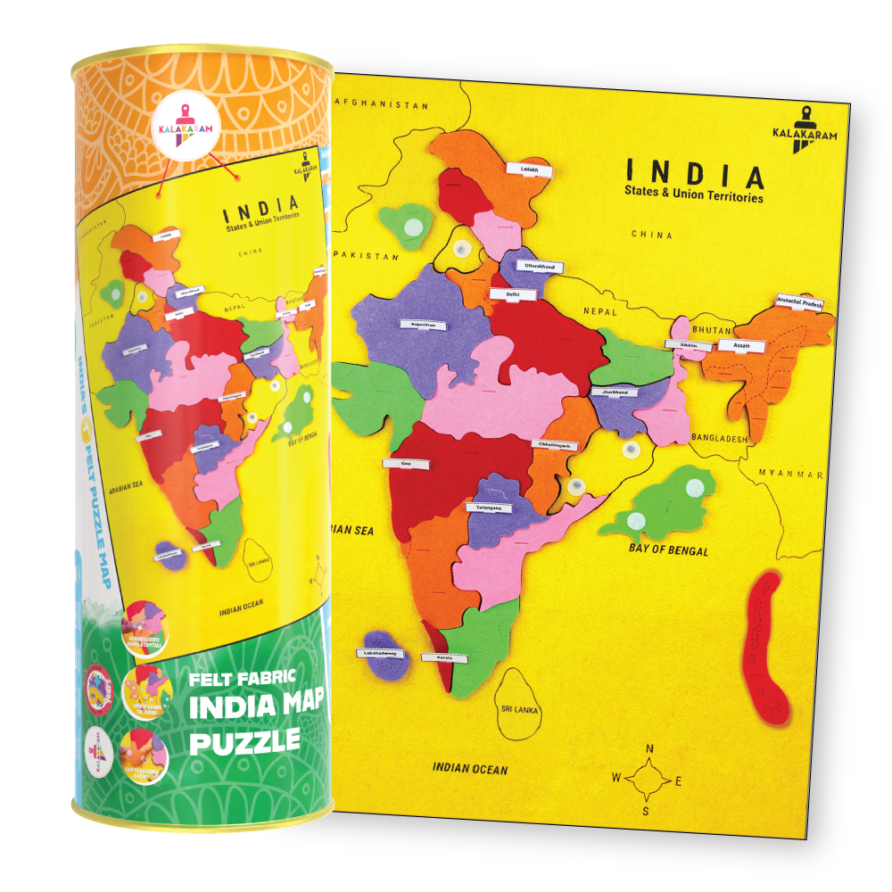kalakaram's India map puzzle with colorful regions and packaging on a white background