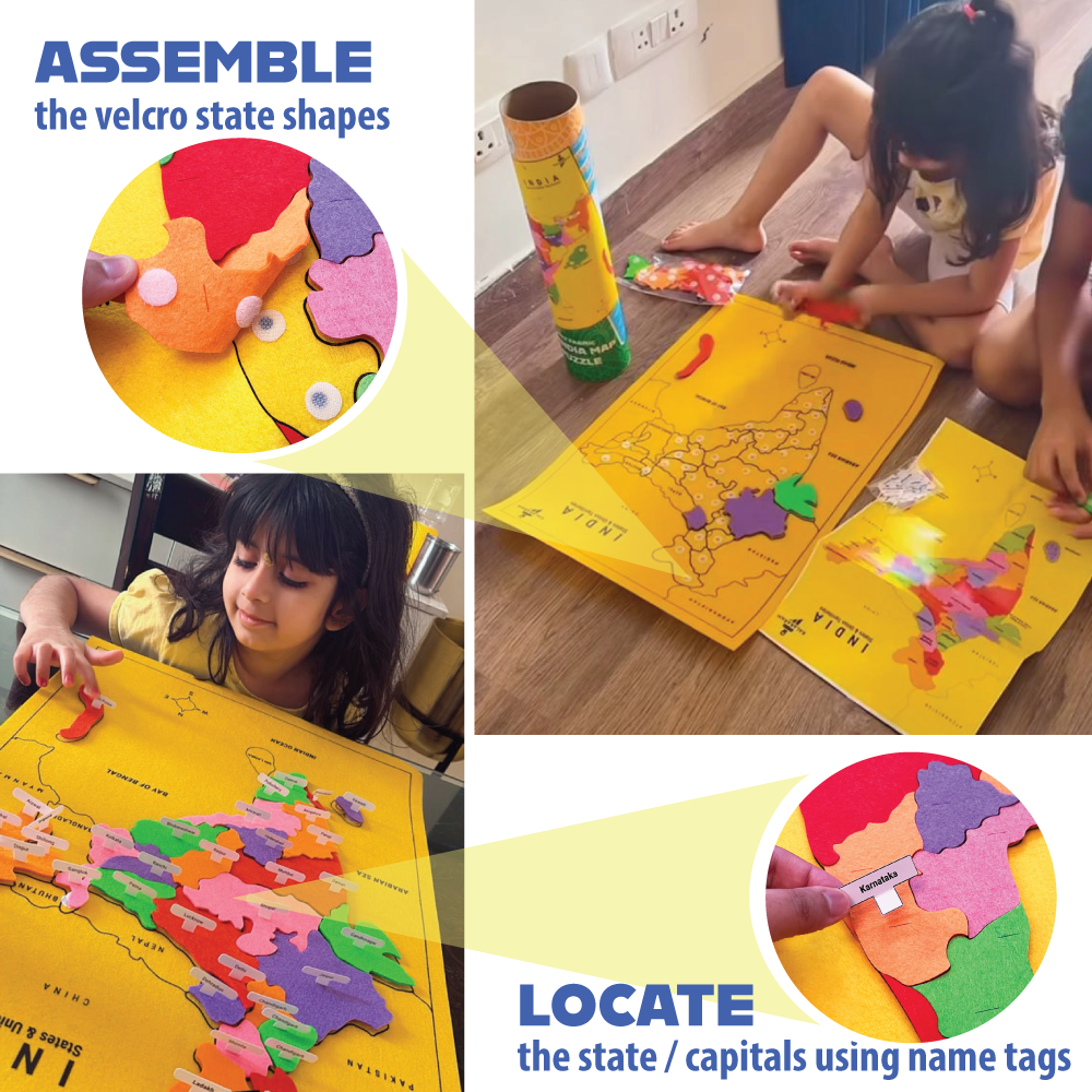 Children playing with the map of the India using velcro state shapes and name tags with capitals and state names