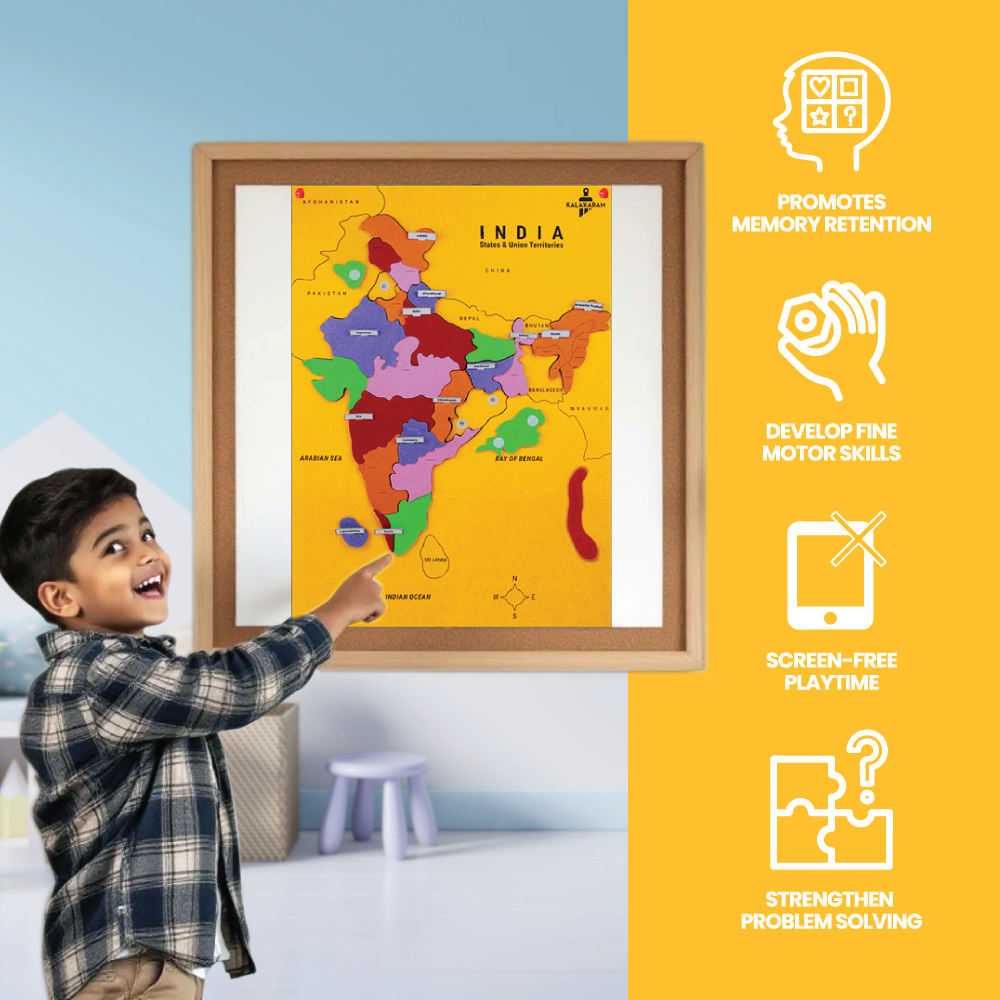 Child interacting with Kalakaram's framed map of India, with educational benefits listed on a yellow background.