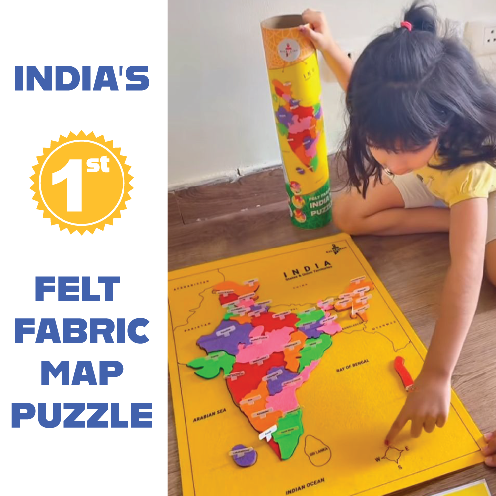 Child playing with Kalakaram's colorful map puzzle of India on a wooden floor.