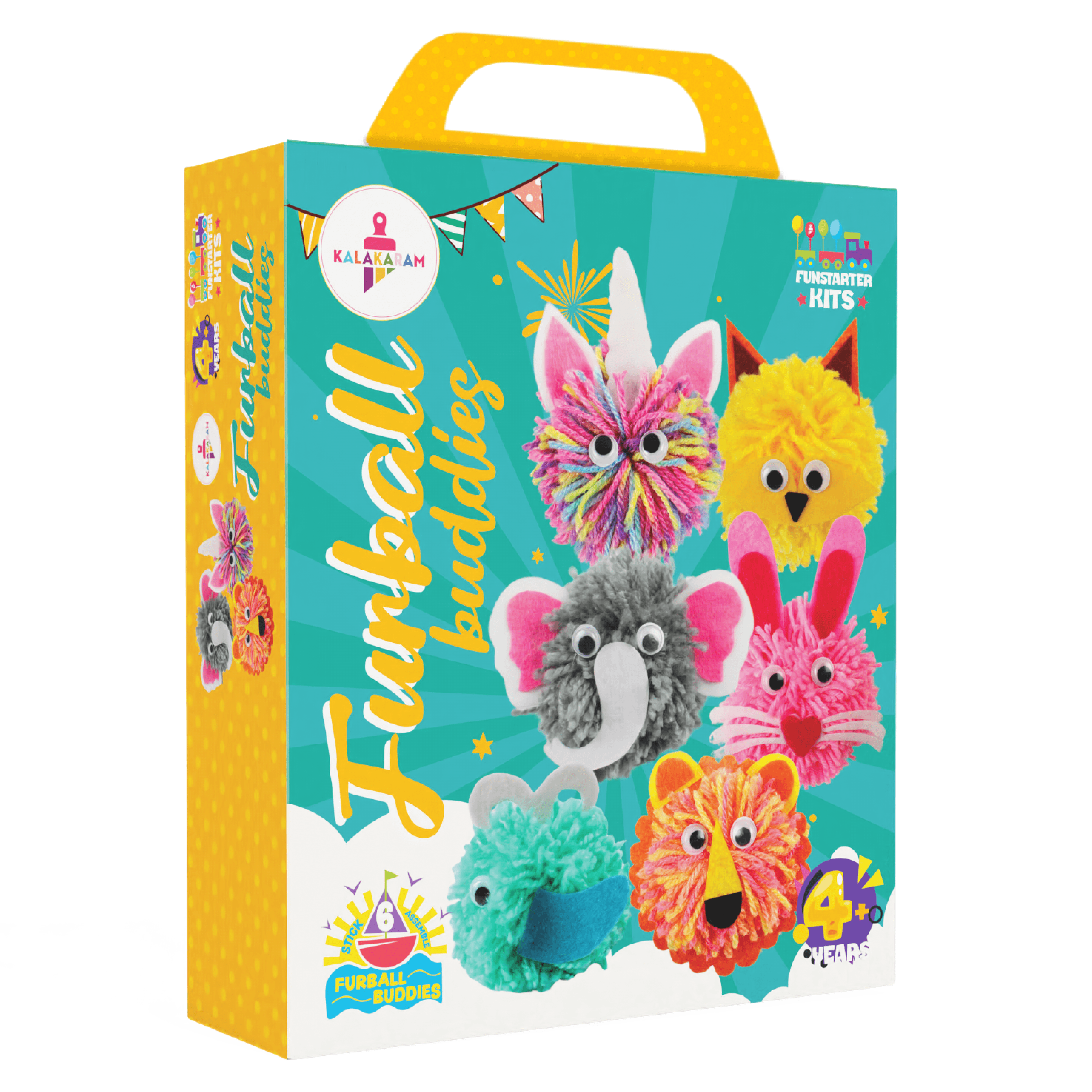 A box of 'Furball Buddies' craft kit showing illustrated images of colorful wool ball characters and the finished craft items.