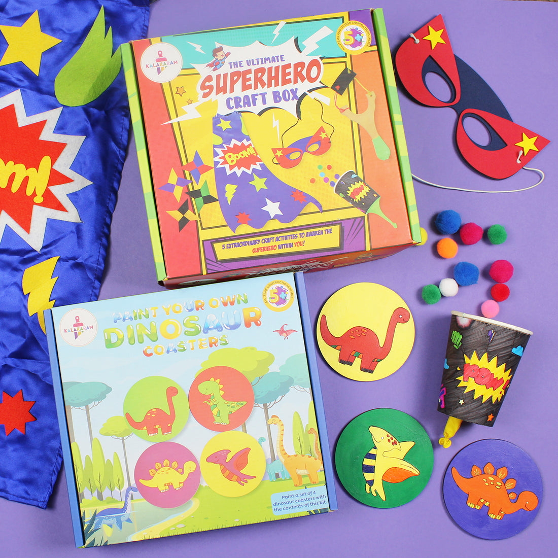 The Action Packed Combo - Superhero Craft Box + Dinosaur Coaster Painting Kits