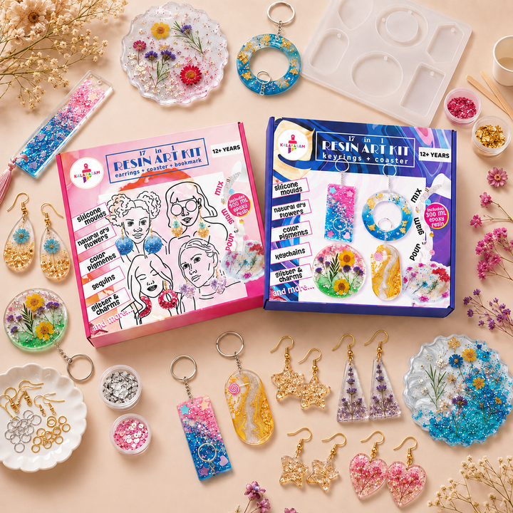 Resin Art Mega Combo – Kalakaram Coaster & Keychain Resin Kit + Jewellery & Bookmark Resin Kit