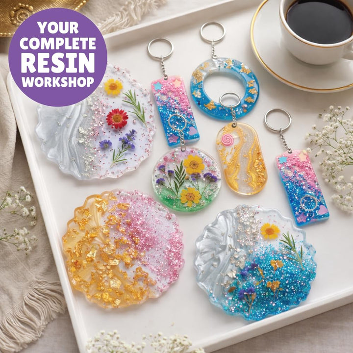 Kalakaram Resin Art Mega Combo – Coaster & Keychain Resin Kit + Jewellery & Bookmark Resin Kit