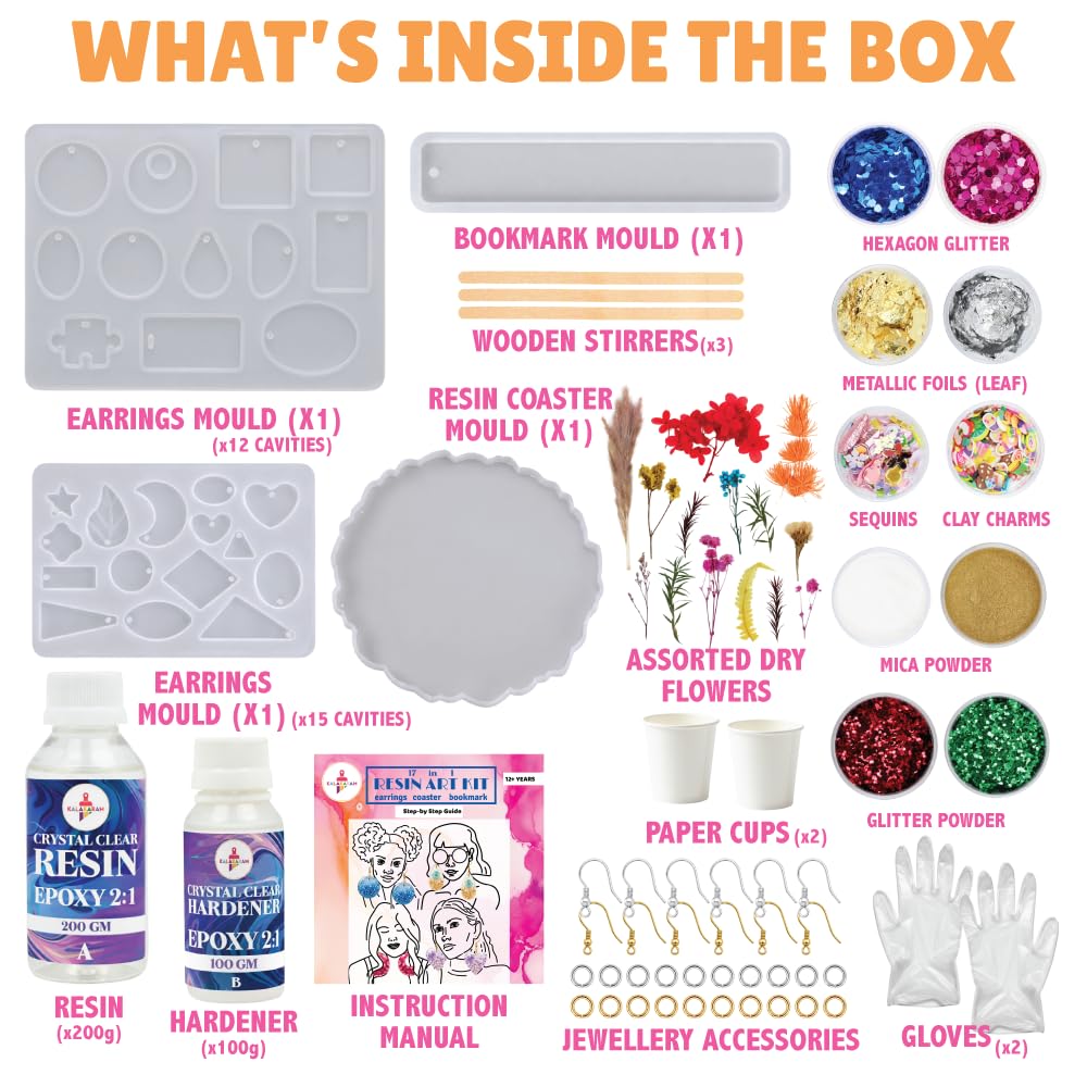Kalakaram Resin Art Mega Combo – Coaster & Keychain Resin Kit + Jewellery & Bookmark Resin Kit