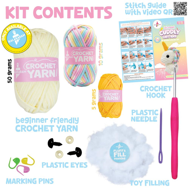 Crochet Kit for Beginners | Cuddly Critters Amigurumi Kit | Make Unicorn Toy | Age: 12+ Years