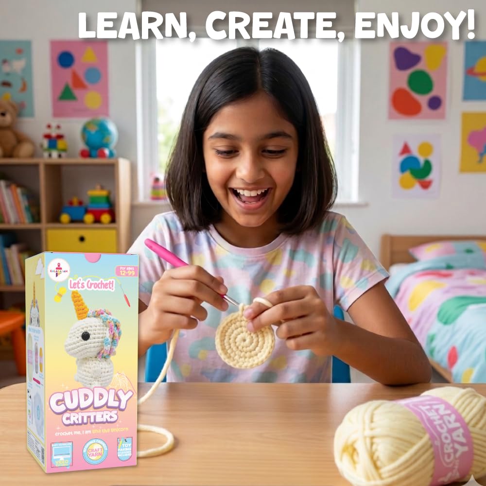 Crochet Kit for Beginners | Cuddly Critters Amigurumi Kit | Make Unicorn Toy | Age: 12+ Years