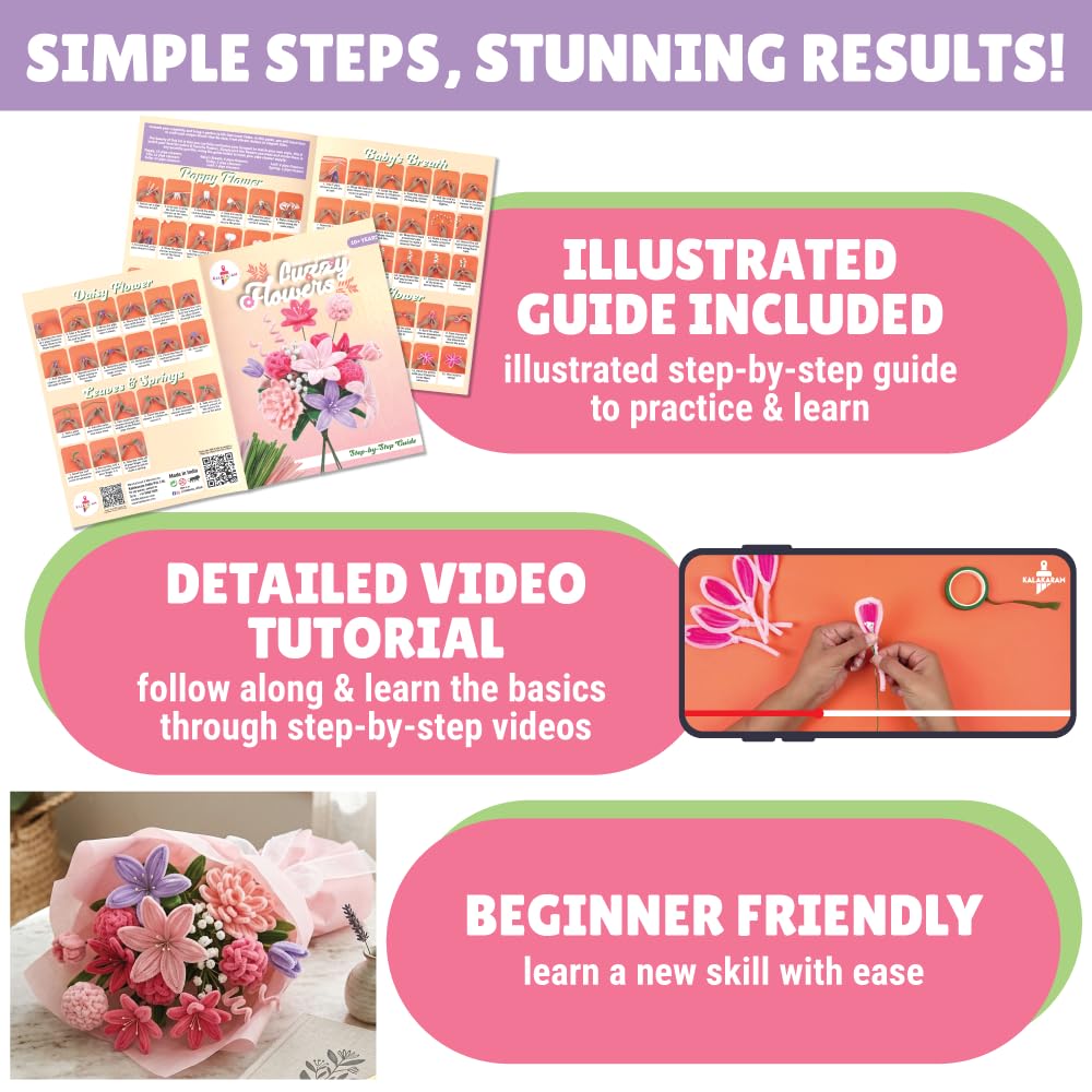 Kalakaram Handmade Décor Craft Combo – Macrame Kit & DIY Fuzzy Flower Bouquet Kit