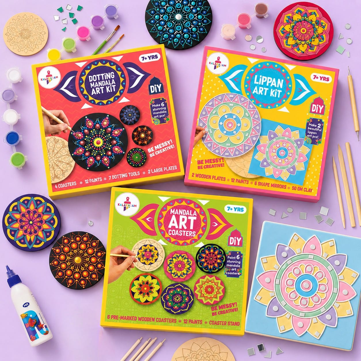 Kalakaram Indian Art & Mandala Craft Combo – Mandala Coaster Kit, Dotting Mandala Kit & Lippan Art Kit