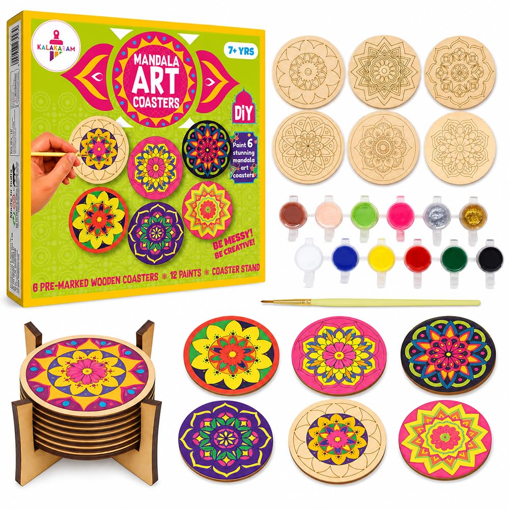 Kalakaram Indian Art & Mandala Craft Combo – Mandala Coaster Kit, Dotting Mandala Kit & Lippan Art Kit