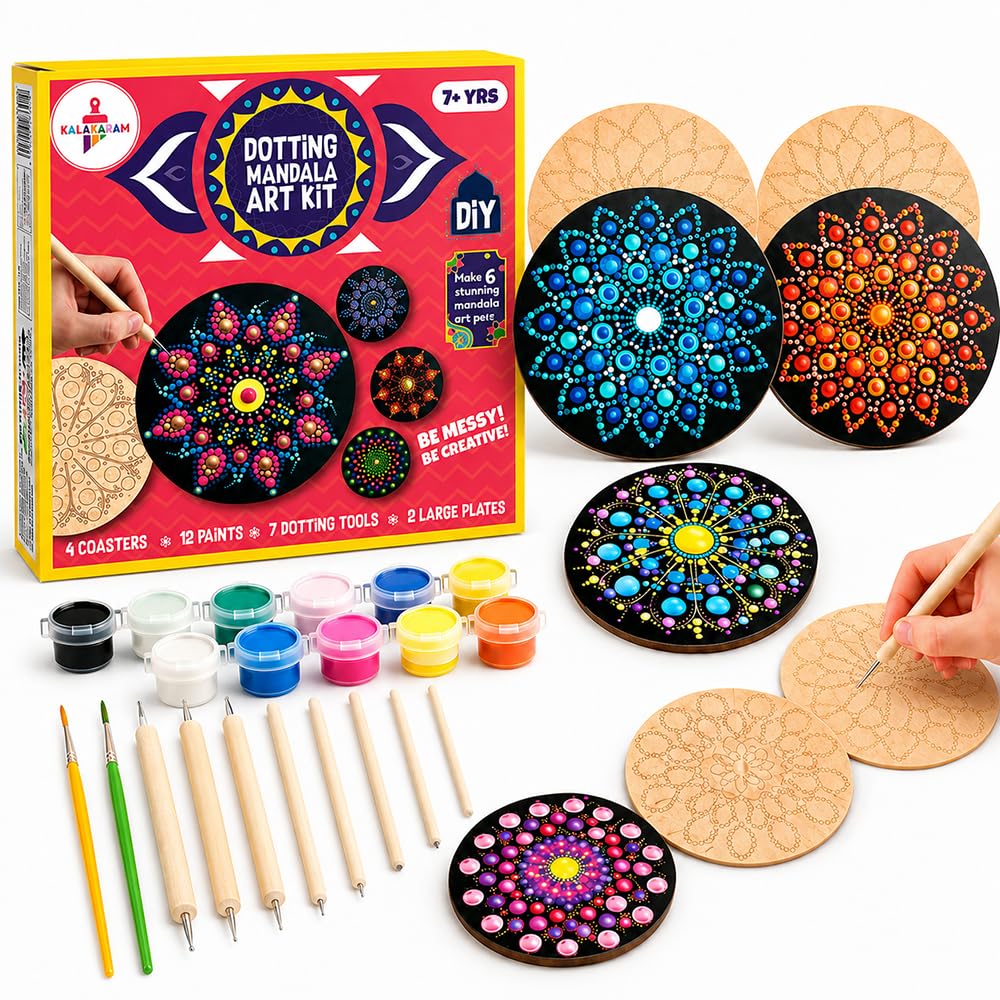 Kalakaram Indian Art & Mandala Craft Combo – Mandala Coaster Kit, Dotting Mandala Kit & Lippan Art Kit