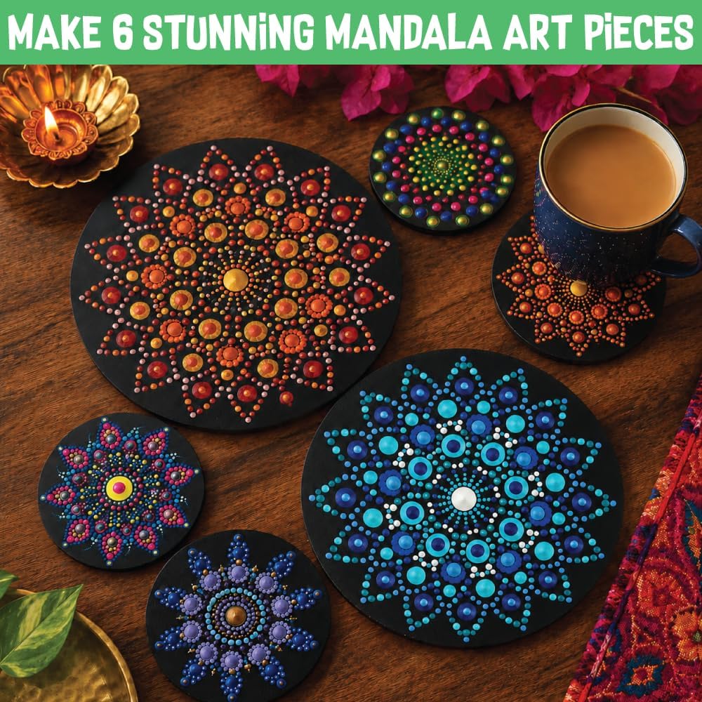 Kalakaram Indian Art & Mandala Craft Combo – Mandala Coaster Kit, Dotting Mandala Kit & Lippan Art Kit