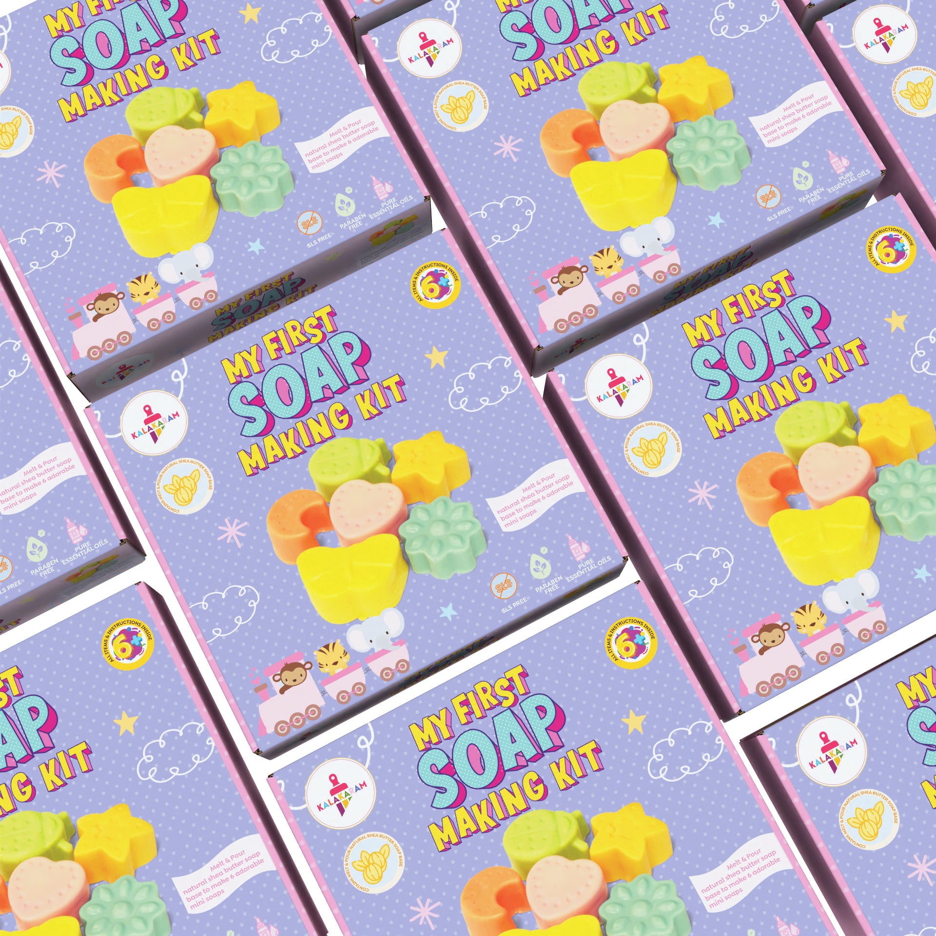 This image shows a pack of 5 of 'My First Soap Making Kit' featuring colorful graphics with of the box.