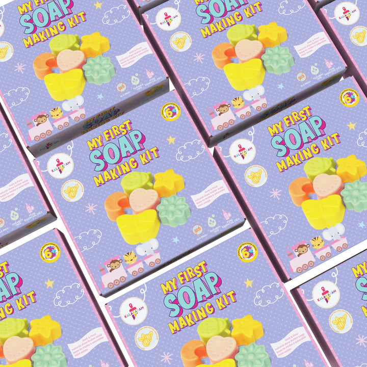 This image shows a pack of 5 of 'My First Soap Making Kit' featuring colorful graphics with of the box.