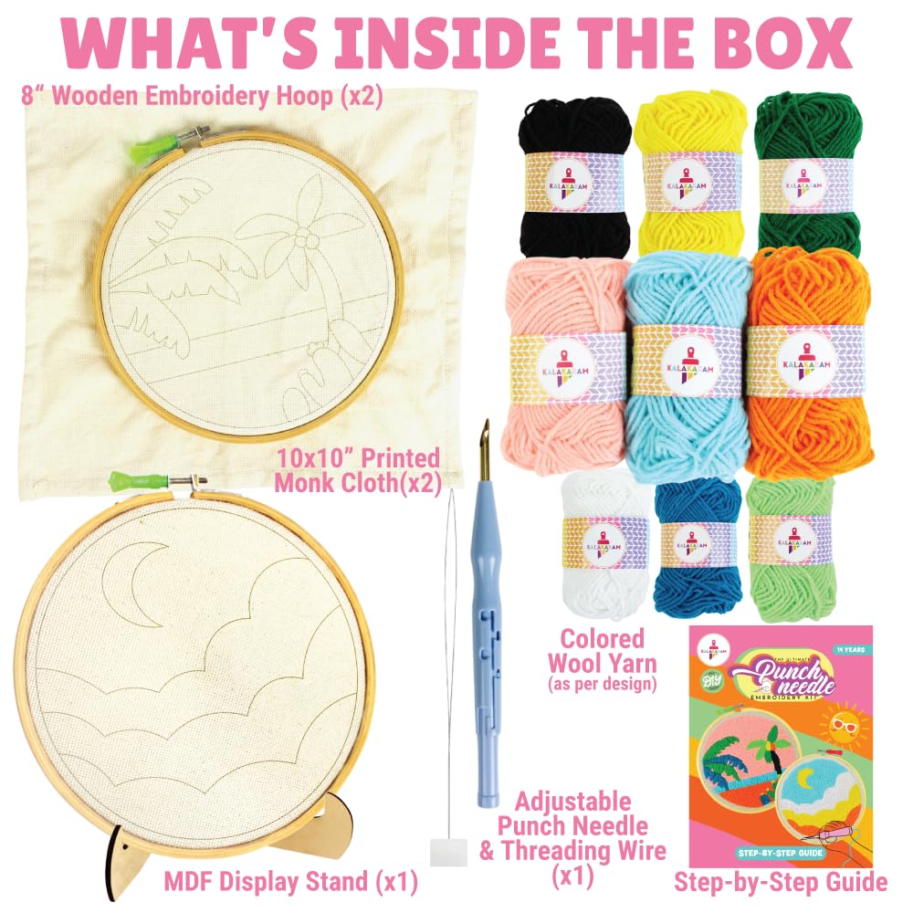 Kalakaram Embroidery Kit Combo – Punch Needle Kit & Scenic Embroidery Kit for Beginners