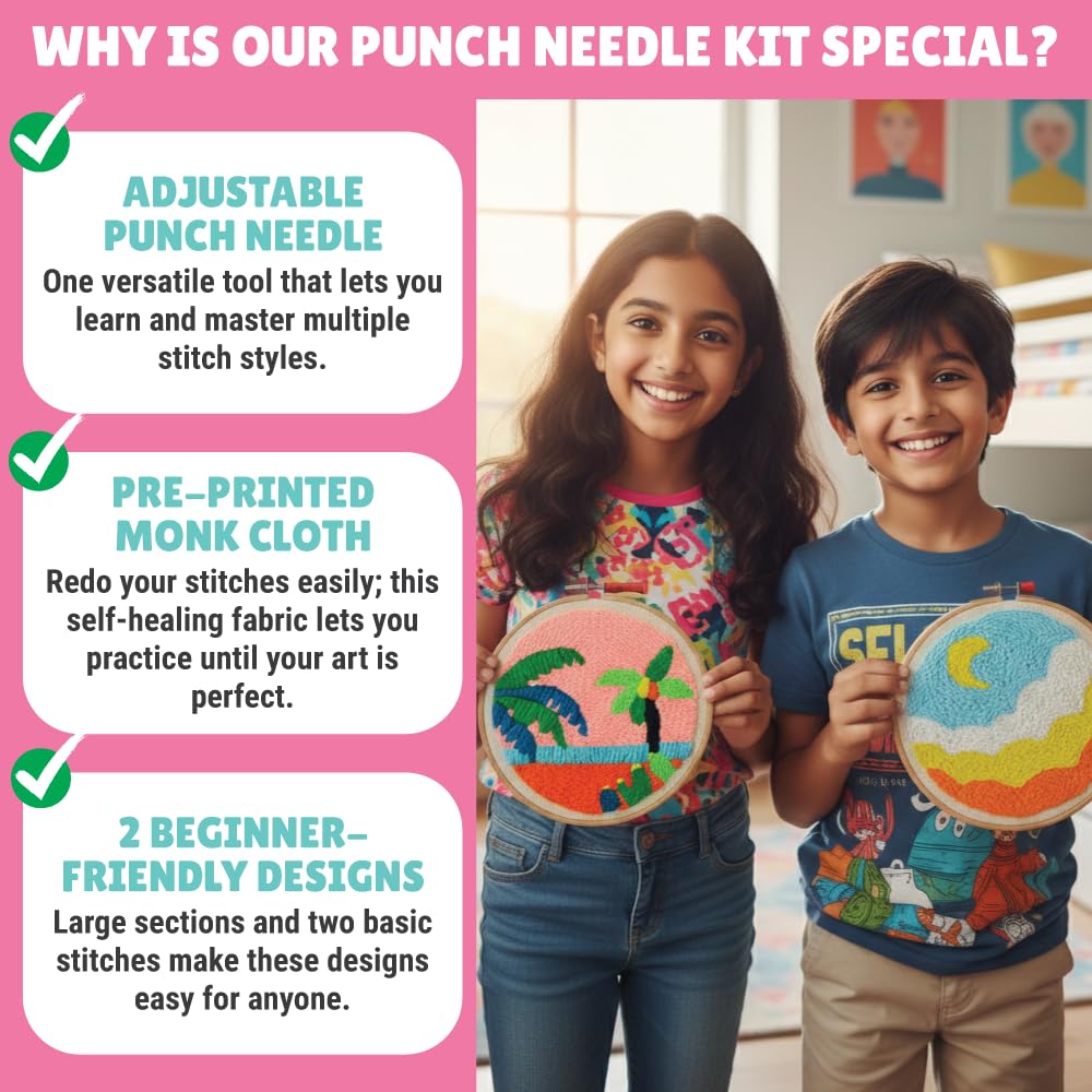 Kalakaram Embroidery Kit Combo – Punch Needle Kit & Scenic Embroidery Kit for Beginners