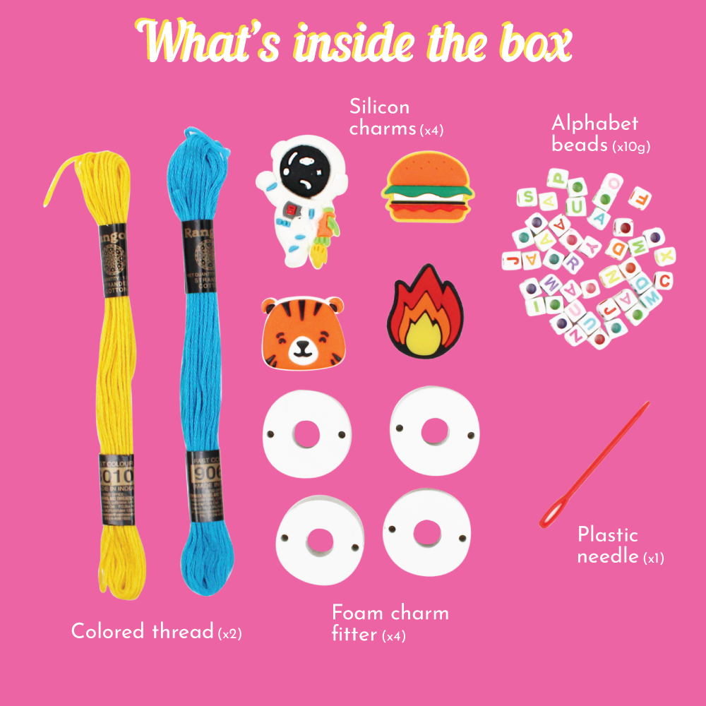 List of contents for kalakaram's rakhi making craft kit on a pink background