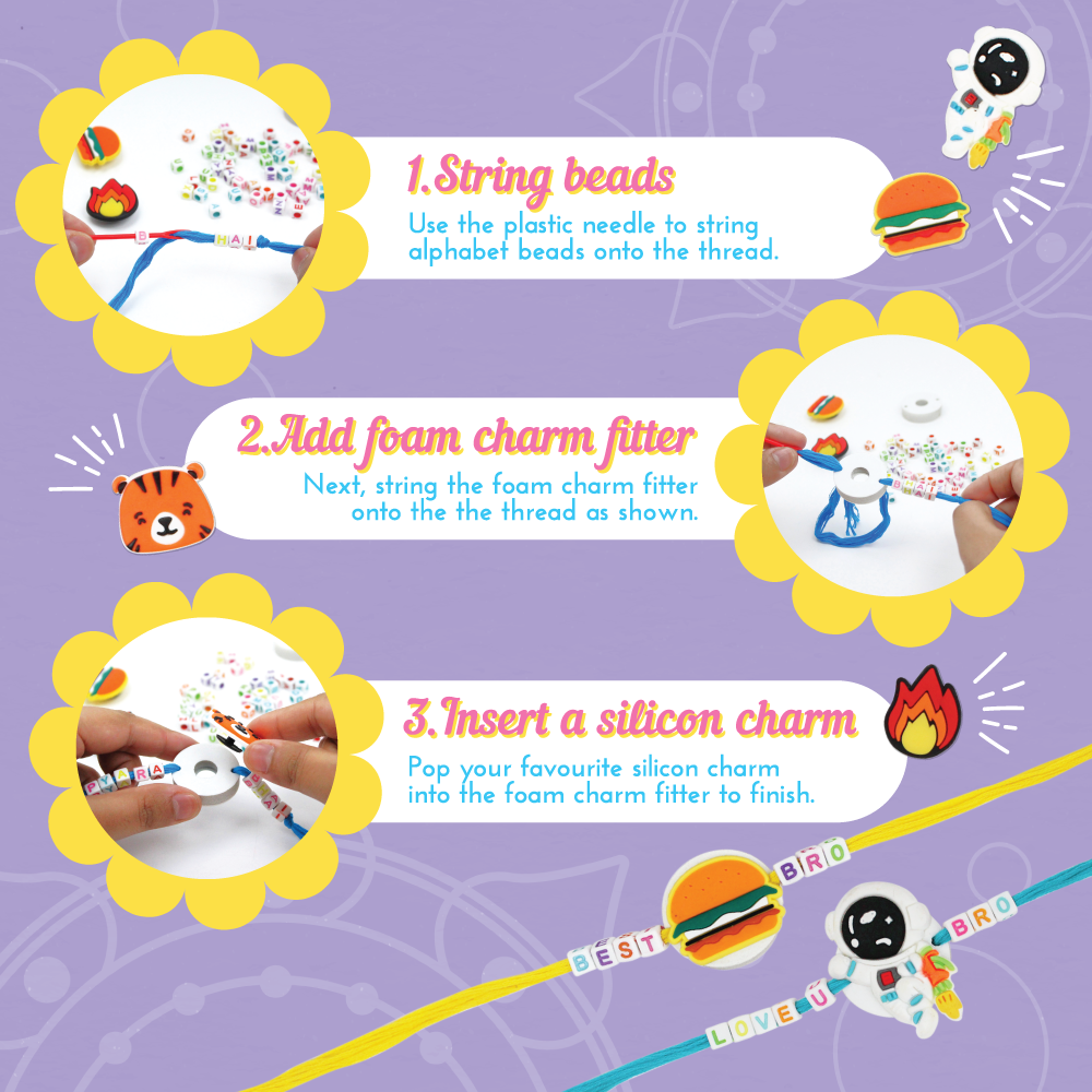 Instructions for stringing beads and adding charms on a purple background for  kalakaram's rakhi making kit