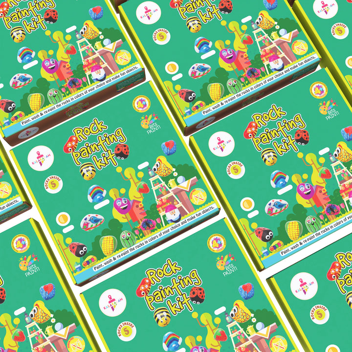 A pattern of rock painting kit boxes with colorful illustrations on them, indicating a pack of 5 items.