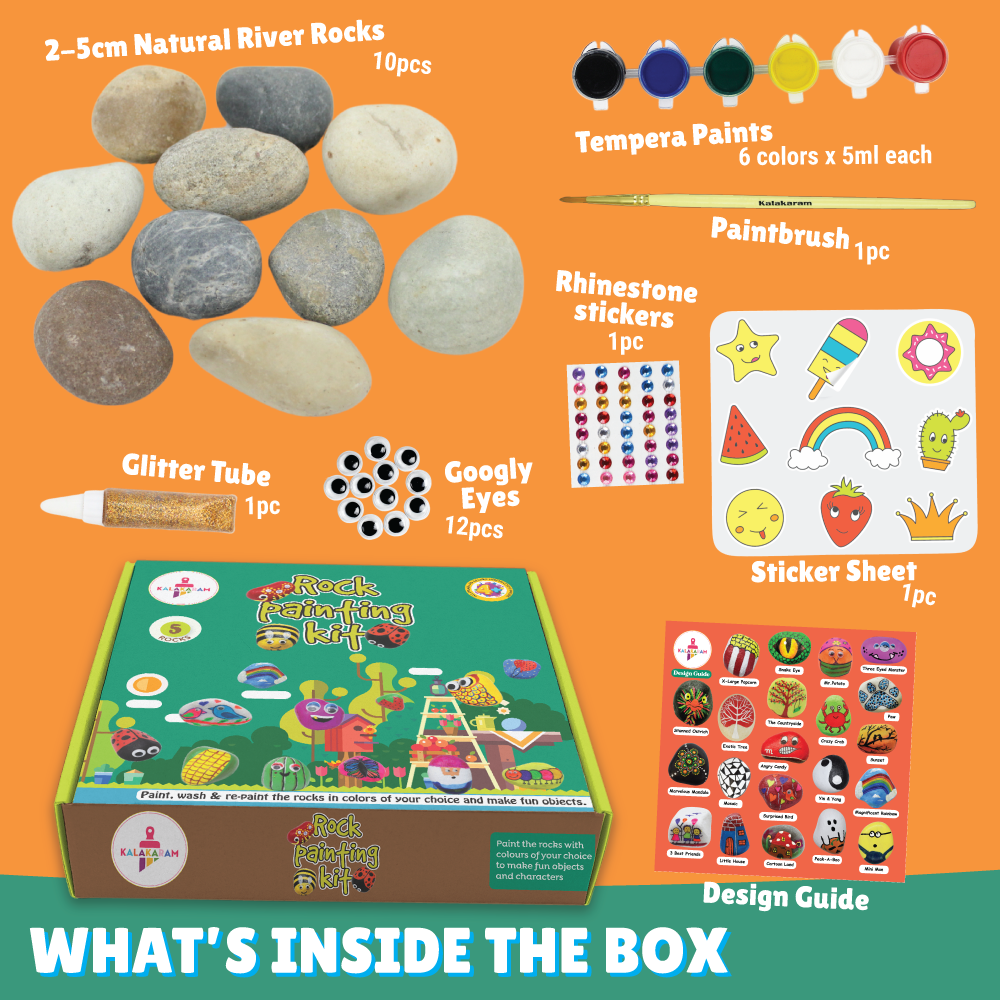 Assortment of art supplies including natural river rocks, tempera paints, a paintbrush, rhinestone stickers, a glitter tube, googly eyes, a sticker sheet, and a design guide on an orange background.
