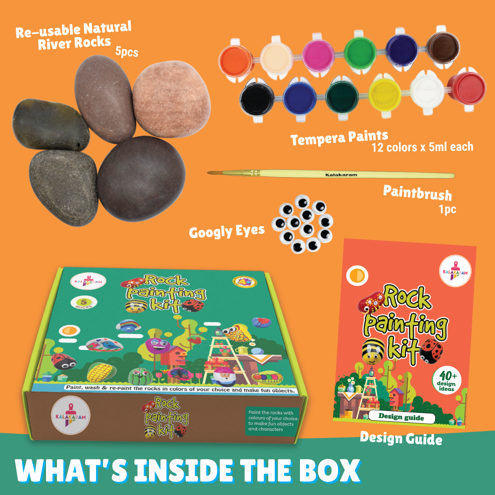 This images shows the list of contents in the kalakaram's rock painting kit
