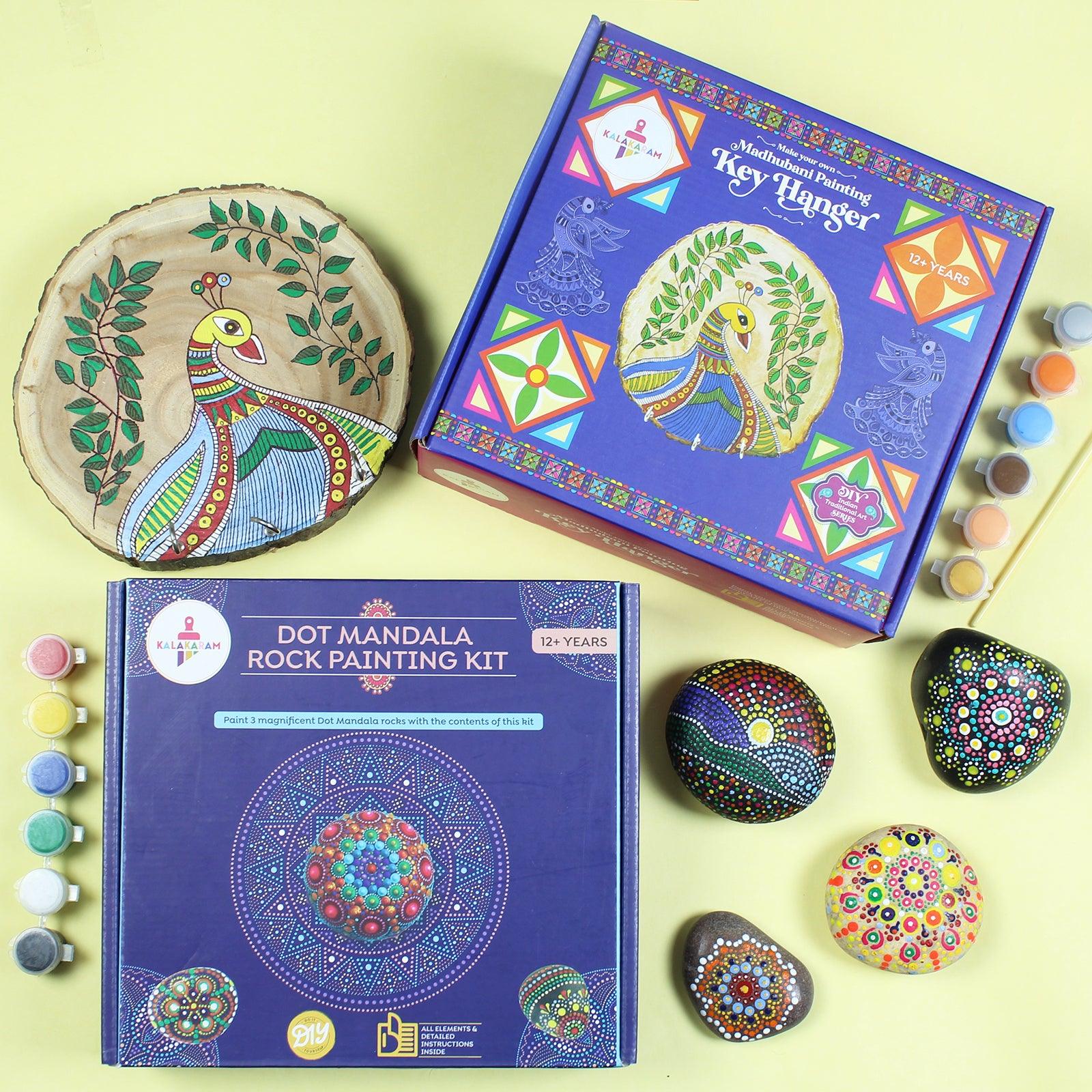 The Artistic Expression Combo - Dot Mandala Rock + Madhubani Key Hanger Painting Kits - Kalakaram