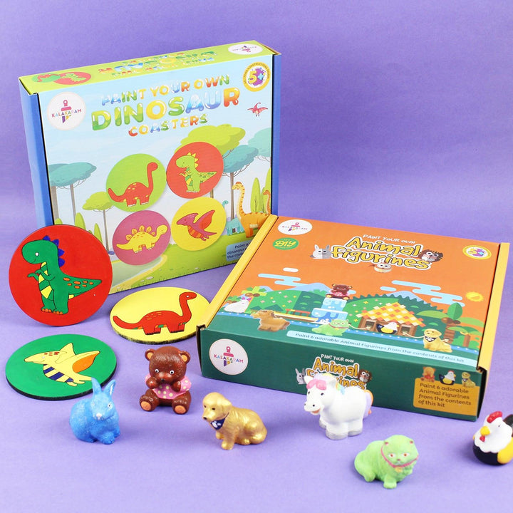 The Jurassic World of Crafts Combo - Dinosaur Coaster + Animal Figurine Painting Kits - Kalakaram