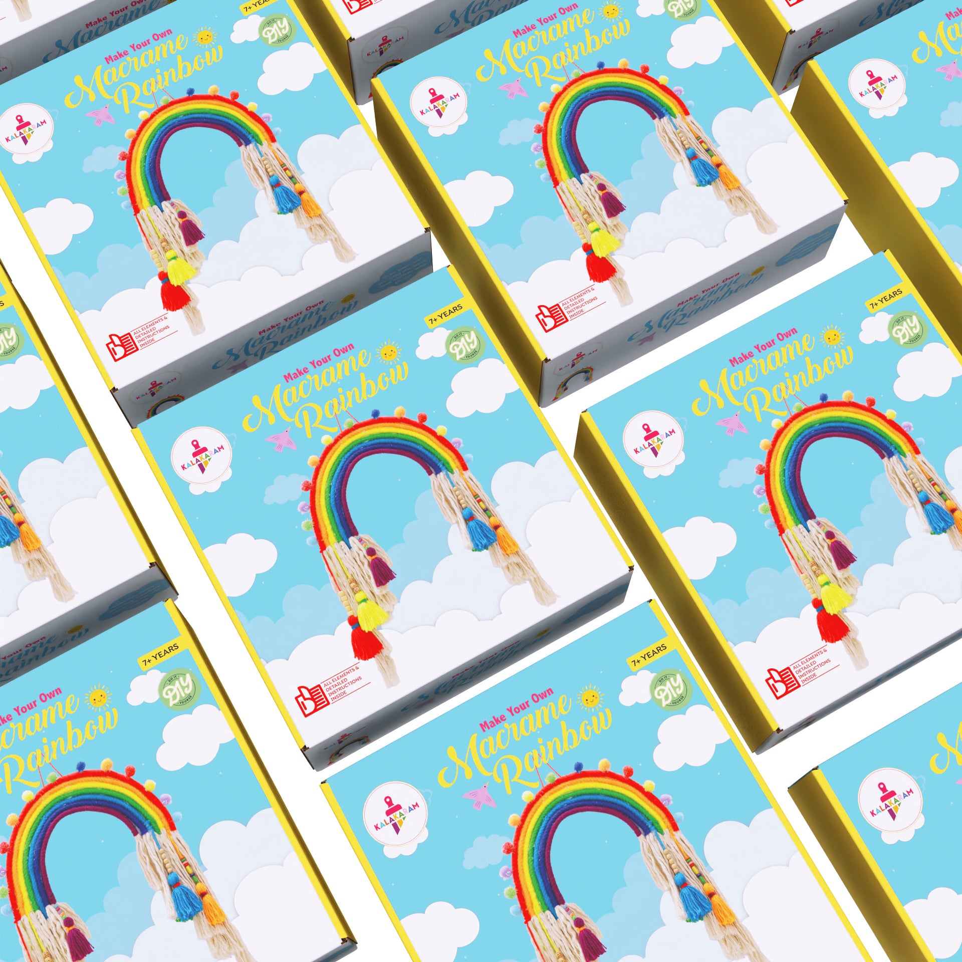 Pack of 5 DIY macrame rainbow craft kits displayed with visible rainbows and branding on the packaging.