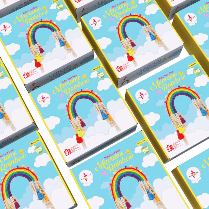 Pack of 5 DIY macrame rainbow craft kits displayed with visible rainbows and branding on the packaging.