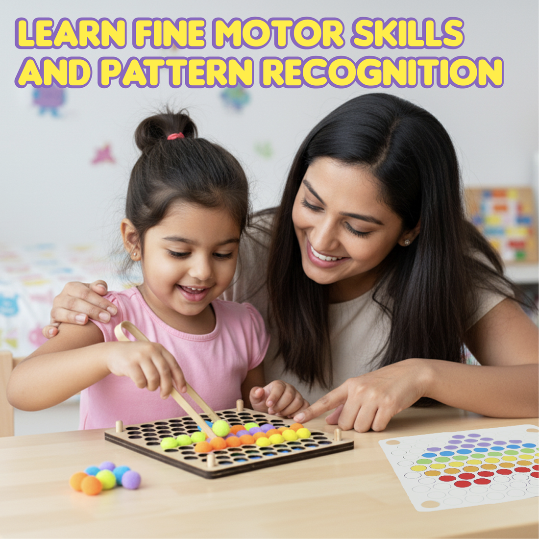 Pom Pom Peg-A-Pattern  | Sensory Play | Fine Motor Skill & Pincer Grip Activity Kit | Age: 3-5 Years